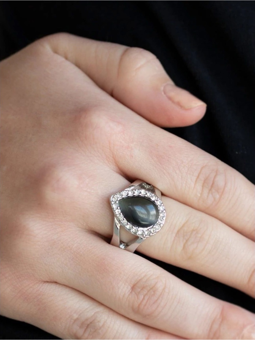 paparazzi Silver Teardrop Gray Cat's Eye Ring with Sparkling Halo
